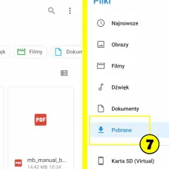 Menu z opcją "Pobrane" jest zaznaczone. Widzimy też listę plików do pobrania.
