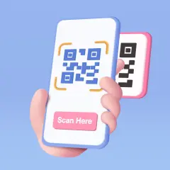 Ręka trzyma telefon, na którym wyświetlony jest kod QR. Widoczny jest przycisk "Scan Here", pokazujący, jak się skanuje kod QR telefonem.