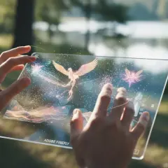 Dłonie trzymają przezroczysty tablet z animowanymi stworzeniami, jakby wyczarowanymi przez **Adobe Firefly**. W tle jezioro i drzewa.