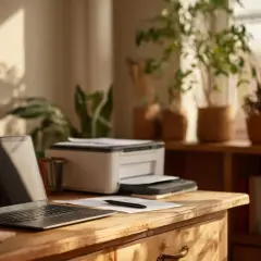 Biurko z laptopem i drukarką. Drukarka zapisuje wydrukowane dokumenty, tworząc cyfrową kopię.