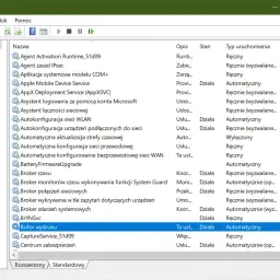 Usługi systemu Windows. Widać listę usług, w tym "Bufor wydruku", która może pomóc w zrozumieniu, jak zatrzymać drukowanie.