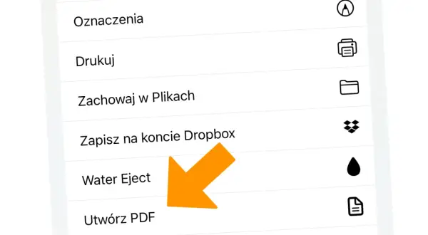 Ekran iPhone'a z opcjami: Oznaczenia, Drukuj, Zachowaj w Plikach, Zapisz na koncie Dropbox, Water Eject, Utwórz PDF. Pomarańczowa strzałka wskazuje opcję "Drukuj", która jest kluczowa, by dowiedzieć się, jak dodać drukarkę na iPhone.