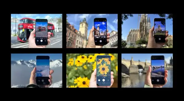 Sześć zdjęć pokazujących, jak najlepszy aparat w telefonie uchwycił piękne widoki: Londyn, Pragę, Barcelonę, góry, słoneczniki i most.
