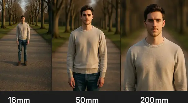 Trzy ujęcia mężczyzny na alei: szeroki kadr (16mm), zbliżenie (50mm) i portret (200mm). Pokazuje, co to ogniskowa w aparacie.