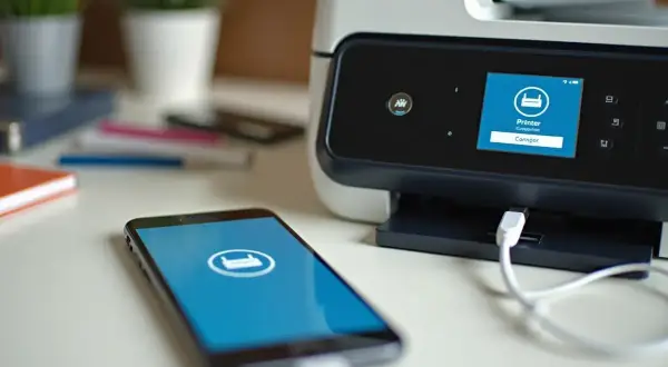 Smartfon podłączony do drukarki kablem USB. Ekran telefonu i drukarki wyświetla ikonę drukarki, sugerując, jak wydrukować zdjęcie z telefonu.