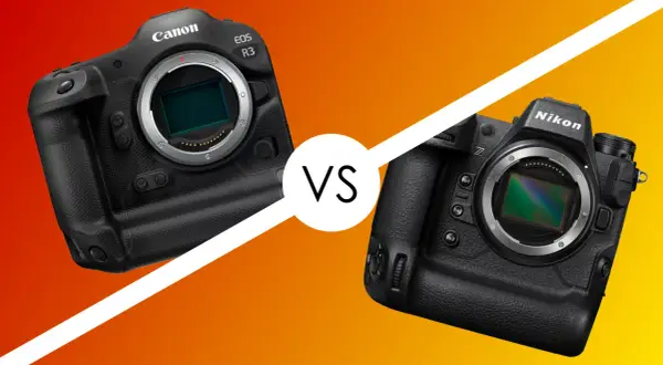 Dwa aparaty fotograficzne: Canon EOS R3 i Nikon Z, z widocznym sensorem.