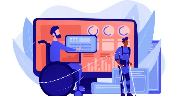 Ilustracja pokazuje, jak działają etykiety cyfrowe: mężczyzna na wózku inwalidzkim i mężczyzna w egzoszkielecie korzystają z interfejsu cyfrowego.