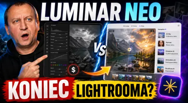 Mężczyzna zszokowany porównuje edycję zdjęć w Luminar Neo z innymi narzędziami.