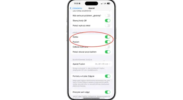 Jak włączyć kratki w aparacie iPhone: w ustawieniach aparatu, w sekcji Kompozycja, przełącz suwak "Siatka" na zielony.