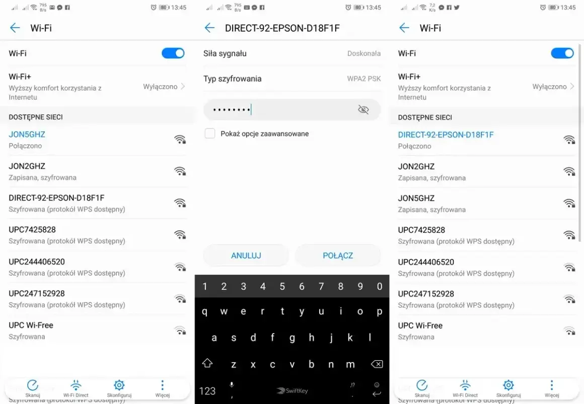 Ekran telefonu pokazuje listę dostępnych sieci Wi-Fi. Sieć "DIRECT-92-EPSON-D18F1F" jest zaznaczona, ale nie łączy się z drukarką HP.