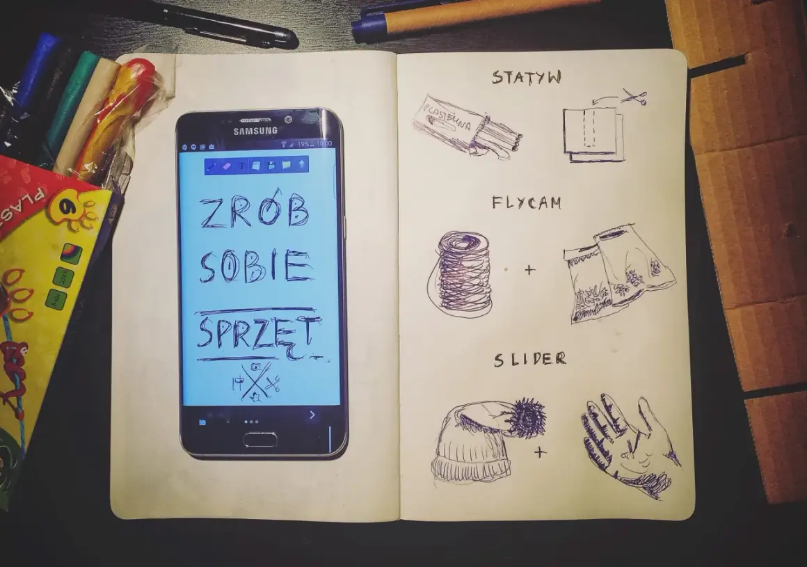 Jak robic dobre zdjecia Samsungiem? Notatnik z pomysłami na domowy sprzęt fotograficzny: statyw, slider, flycam.