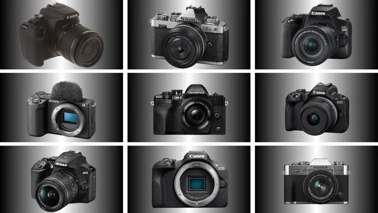 Kolekcja aparatów: Canon EOS 250D, Nikon Zfc, Sony Alpha, Olympus OM-D, Canon EOS R, Nikon D3500, Canon EOS M, Fujifilm X-T30. Jaki aparat fotograficzny wybrać?