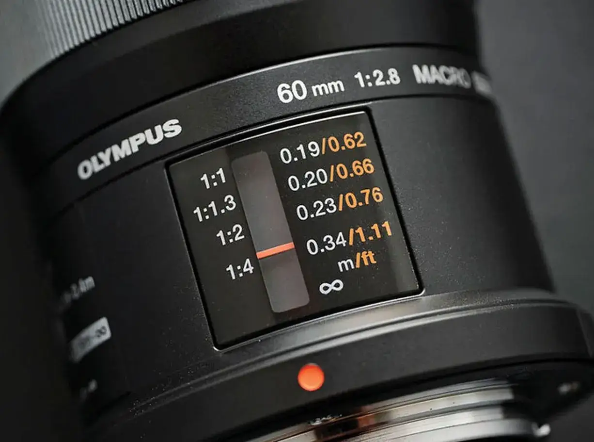 Makrofotografia obiektywu Olympus 60mm 1:2.8 Macro. Widoczna skala powiększeń i odległości ostrzenia.