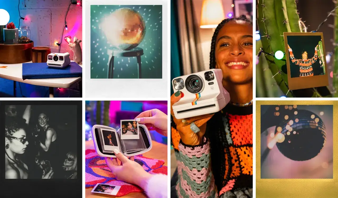Kolekcja zdjęć z imprezy: aparat Polaroid, kule dyskotekowe, ludzie i wspomnienia. Te negatywy uchwyciły magiczne chwile.