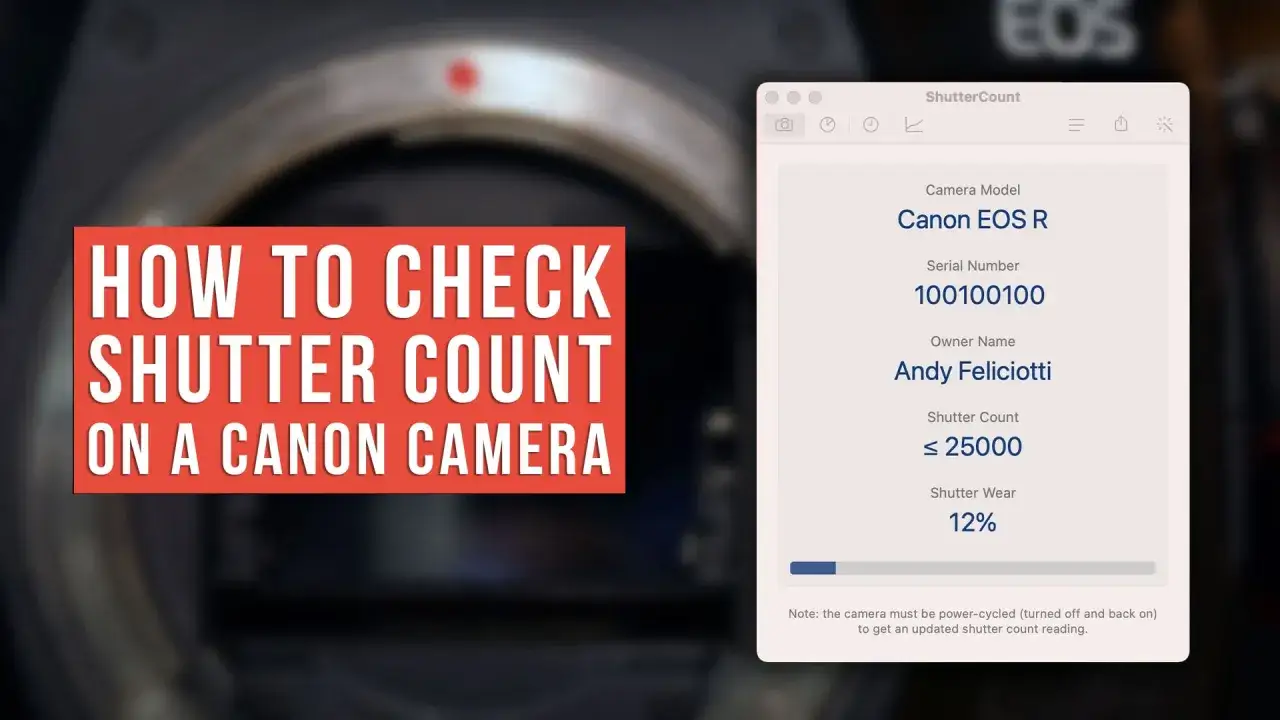 Jak sprawdzić przebieg migawki Canon EOS R? Aplikacja ShutterCount pokazuje, że aparat ma mniej niż 25000 zdjęć.